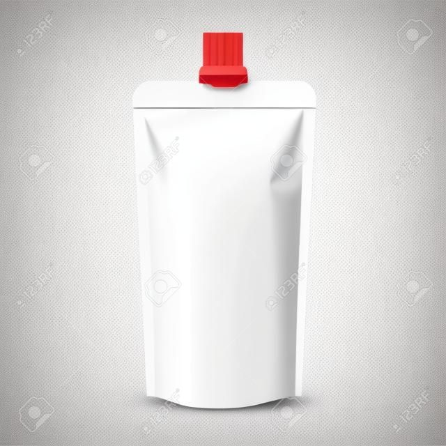 White Blank Doy-pack, Doypack Food Bag Packaging With Spout Lid. Products On White Background Isolated. Ready For Your Design. Product Packing. Vector EPS10