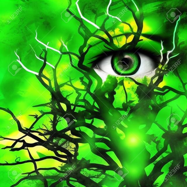 Cara con ojos verdes pintados con Medusa como árbol