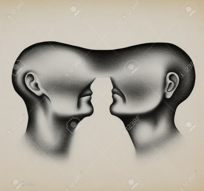 白地黒の鉛筆で、同じ考えに結ばれた目のないプロファイル男性の 2 つの面を表すシュールな図面の画像