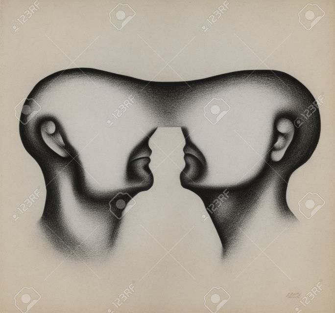 白地黒の鉛筆で、同じ考えに結ばれた目のないプロファイル男性の 2 つの面を表すシュールな図面の画像
