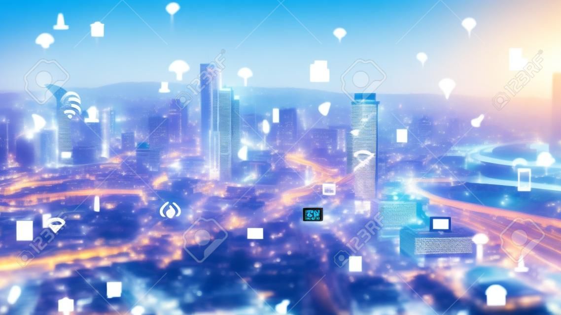 Koncepcja inteligentnego miasta i sieci komunikacyjnej. 5g. Szeroki obszar lpwa małej mocy. komunikacja bezprzewodowa. wysokiej jakości zdjęcie