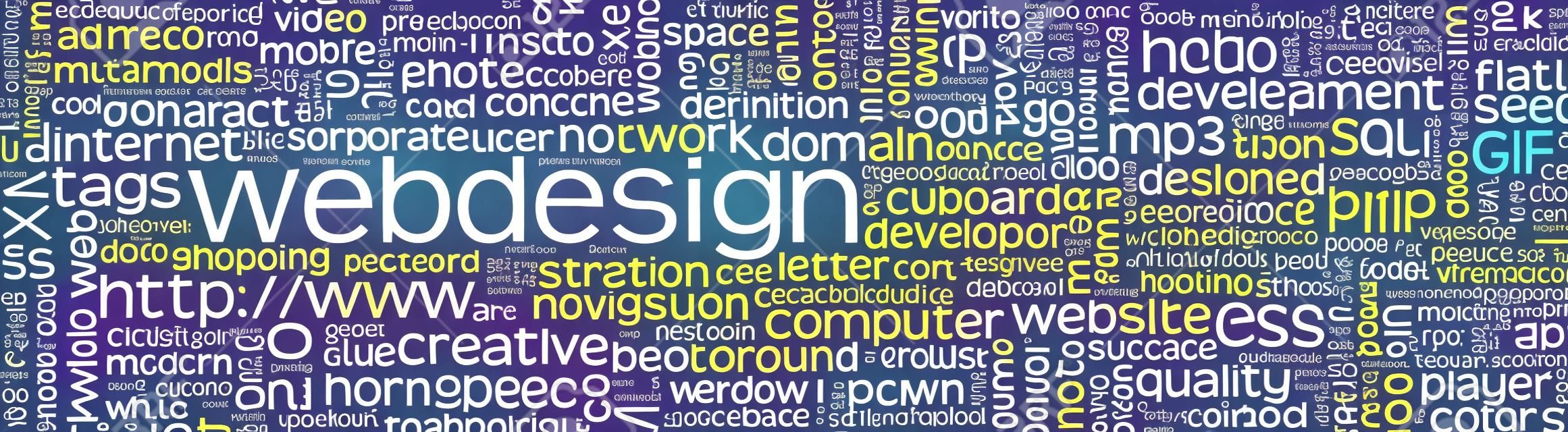 Webdesign Keyword Tag Cloud Panorama mit vielen spezifischen Web Design Words - Wort-Wolke - Vector Hintergrund Banner - SEO, HTML, PHP, CSS, JPG, SQL