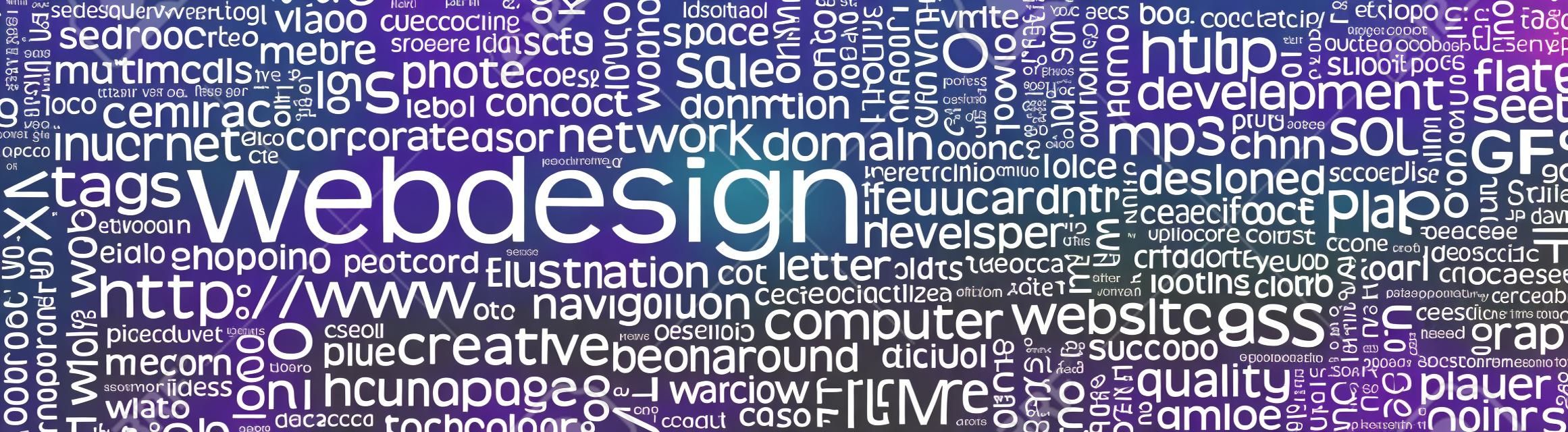 Webdesign Keyword Tag Cloud Panorama mit vielen spezifischen Web Design Words - Wort-Wolke - Vector Hintergrund Banner - SEO, HTML, PHP, CSS, JPG, SQL