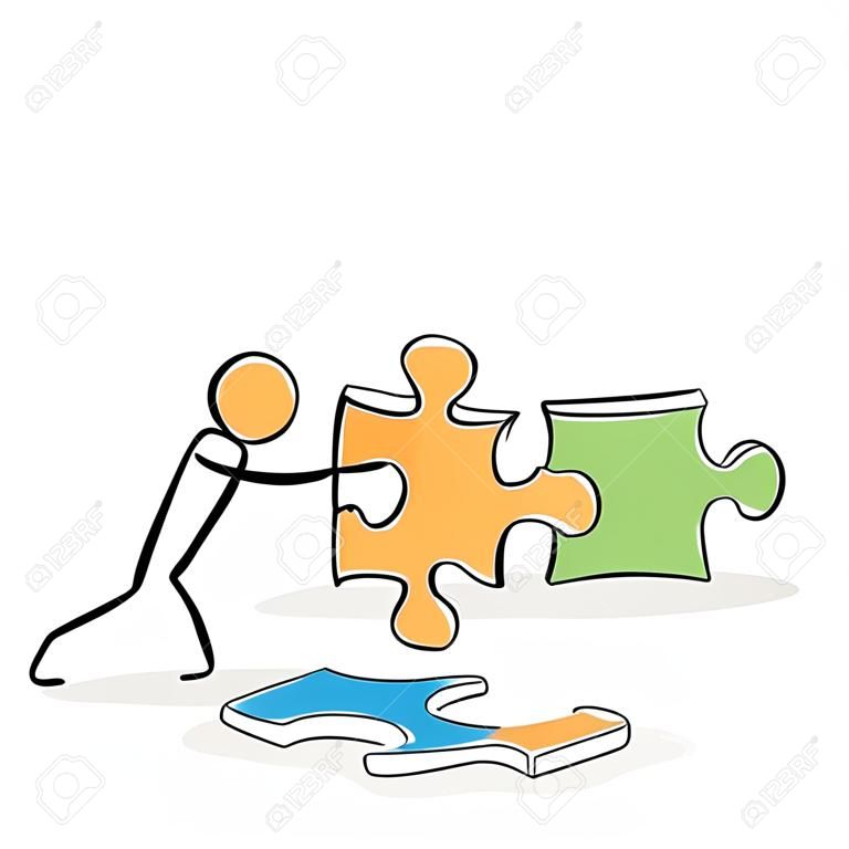 Stick Figure in Action - Stickman Pushes Puzzle Icons Together. Stick Man Vector Drawing with White Background and Transparent, Abstract Three Colored Shadow on the Ground.