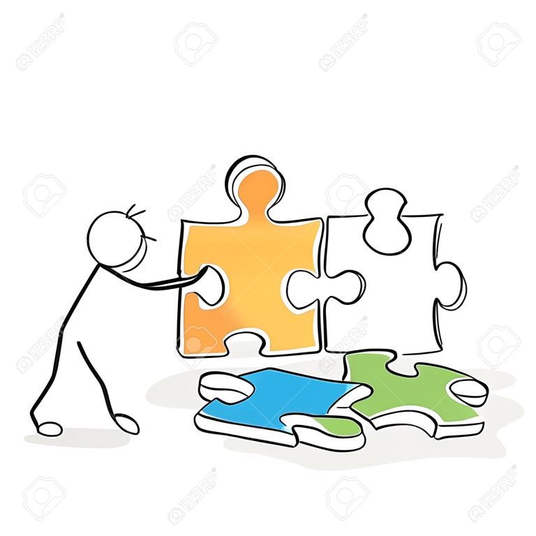 Stick Figure in Action - Stickman Pushes Puzzle Icons Together. Stick Man Vector Drawing with White Background and Transparent, Abstract Three Colored Shadow on the Ground.