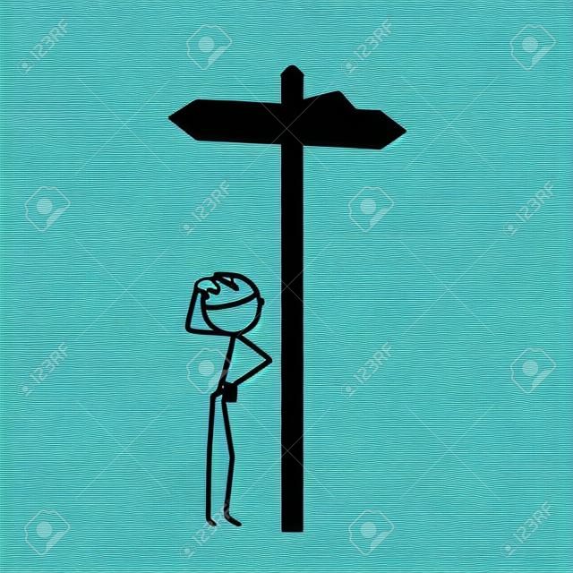 Stick Figure in Action - Stickman Perplexed at a Crossroads Sign - Icon. Stick Man Vector Drawing with White Background and Transparent, Abstract Three Colored Shadow on the Ground.