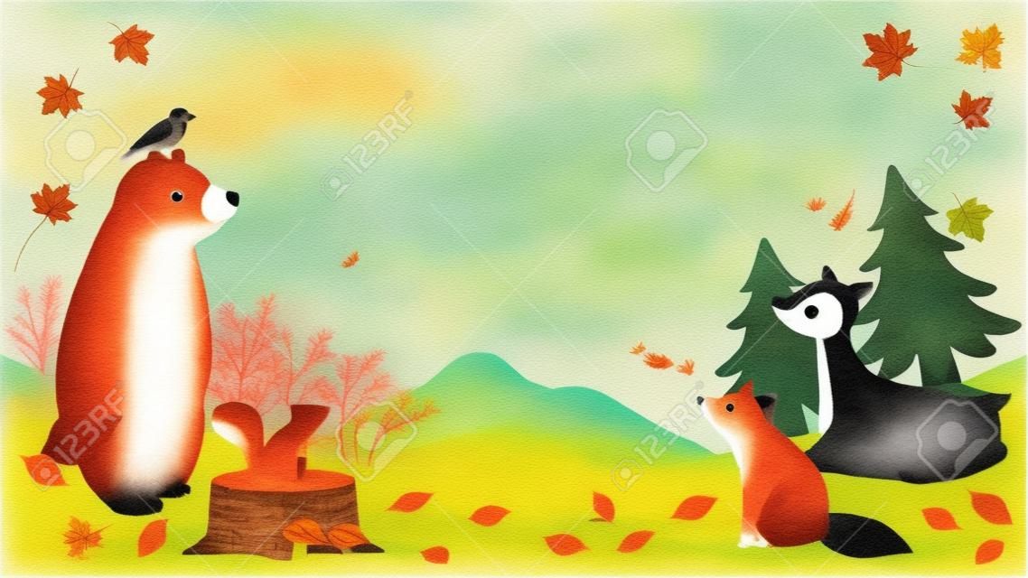 It is an illustration of a Autumn animals message card.