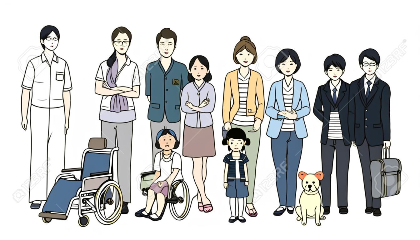 C'est une illustration d'un ensemble de peuple japonais.