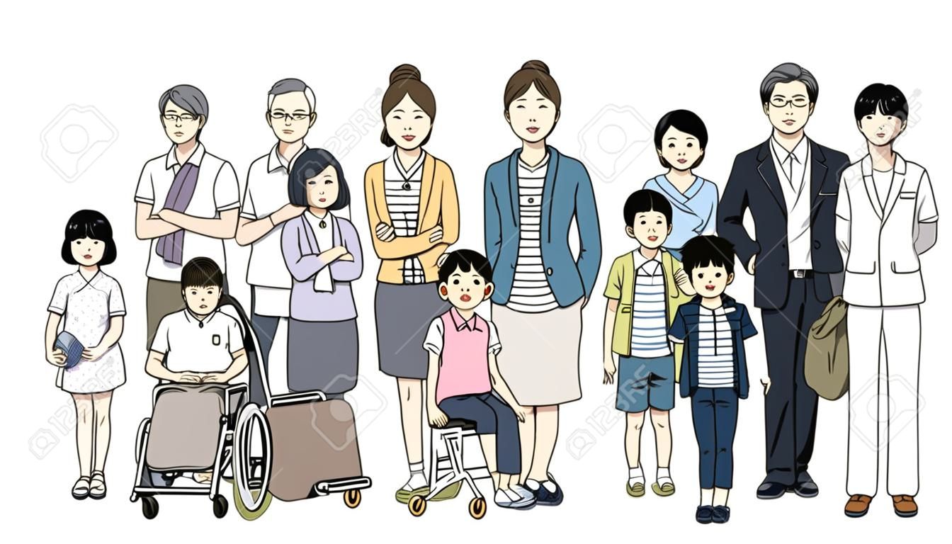Es una ilustración de un conjunto de personas japonesas.