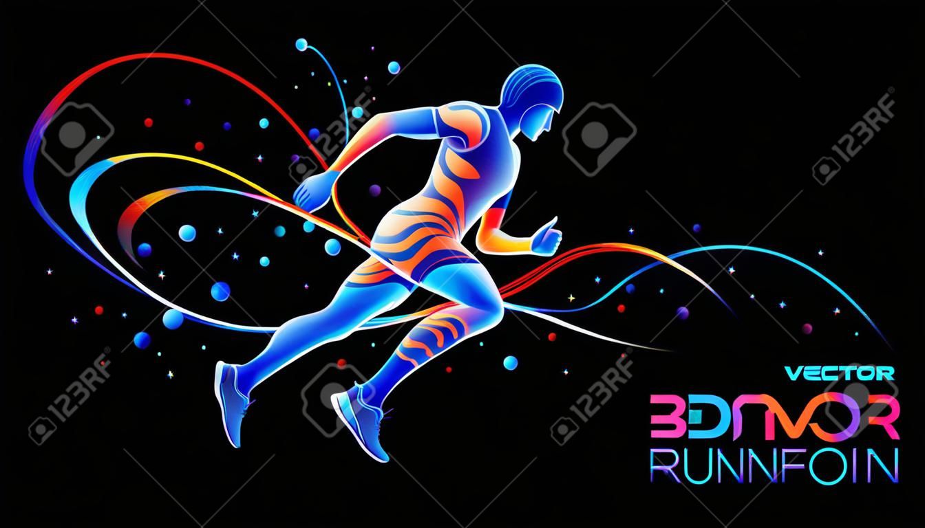 Wektor 3d biegacz z neonowymi liniami światła na białym na czarnym tle z kolorowymi plamami. Płynny wzór z kolorowym pędzlem. Ilustracja lekkoatletyka, maraton, bieg. Temat sportu i zawodów.