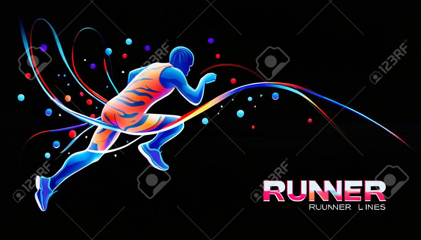 Vektor 3d Läufer mit Neonlichtlinien lokalisiert auf schwarzem Hintergrund mit bunten Flecken. Flüssiges Design mit farbigem Pinsel. Illustration von Leichtathletik, Marathon, Lauf. Sport- und Wettkampfthema.