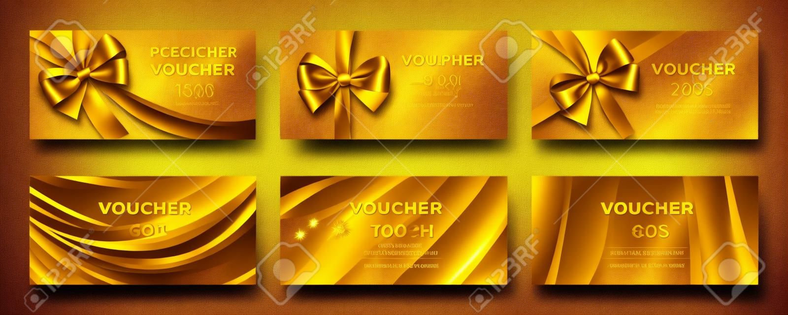 Golden voucher or red gift card, gold certificate for discount. Set of isolated template for present coupon with ribbon and bow. Shop invitation promo or flyer offer, birthday gift. Premium label
