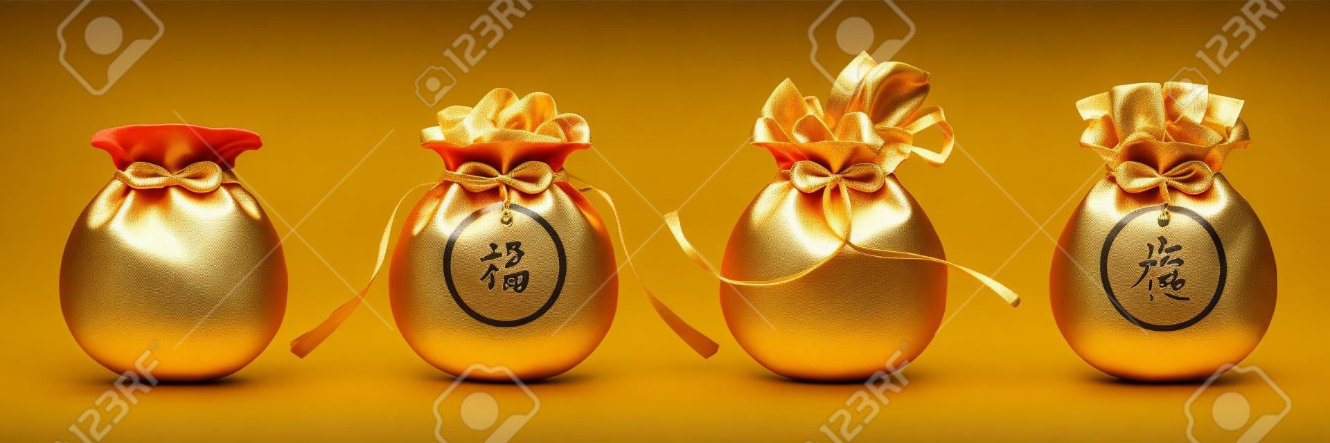 Torba ze wstążką lub worek z frędzlami, woreczek ze złotą sztabką, saszetka z pieniędzmi lub hangbao, woreczek z chińskim hieroglifem czyli Szczęście lub Szczęście. 2020 CNY lub chiński nowy rok wakacje