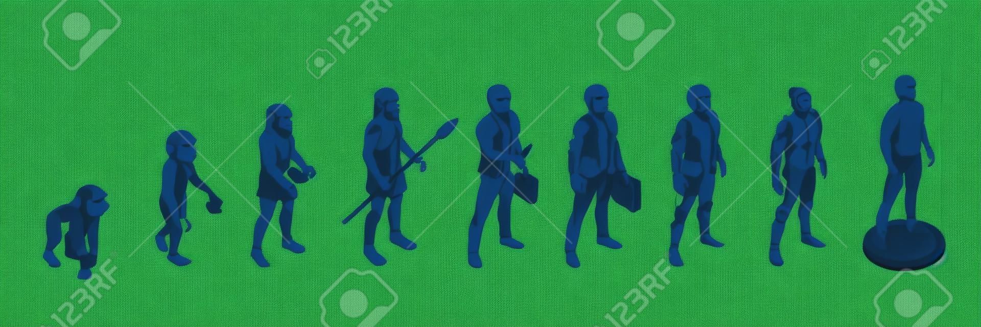 Human evolution of man from ape monkey to digital world technology, life development process vector icons. People evolution from caveman primitives to modern life and to cyborg artificial intelligence