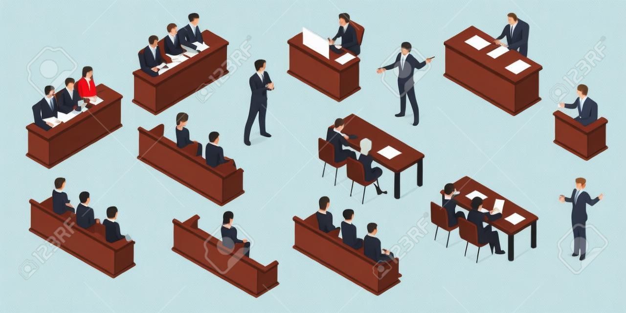 Court hearing and courtroom, vector isolated isometric icons of judge and justice jury at trial process. Judge, prosecutor and advocate lawyer with accused at court hearing, courthouse justice lawsuit