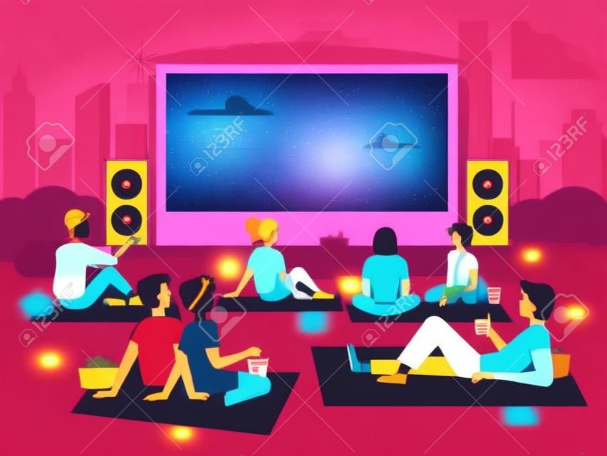 Cinema open air movie in park, night outdoor, vector people watch screen, flat cartoon background. Open air cinema, couples or girls and men guys sitting with popcorn and drinks watching movie