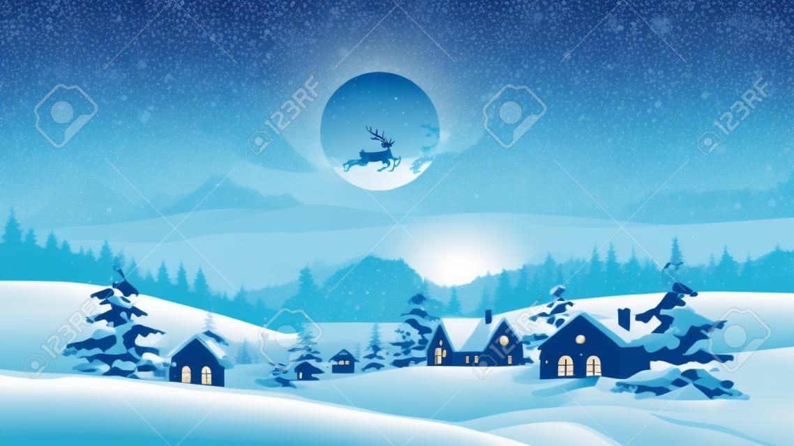 Renifery ciągnące Mikołaja, zimowa sceneria krajobrazu, wiejskie domy ze światłami, ośnieżone drzewa las, góry. wektor noc bożonarodzeniowa, sylwetka jelenia z saniami, kartka z życzeniami wigilijnymi