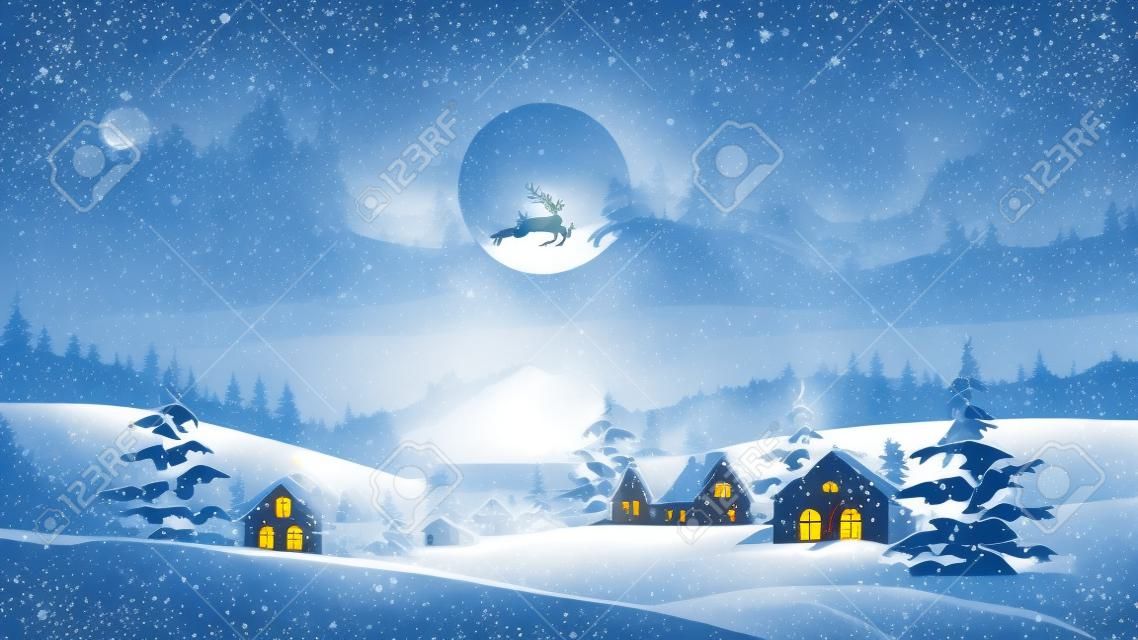 Renifery ciągnące Mikołaja, zimowa sceneria krajobrazu, wiejskie domy ze światłami, ośnieżone drzewa las, góry. wektor noc bożonarodzeniowa, sylwetka jelenia z saniami, kartka z życzeniami wigilijnymi