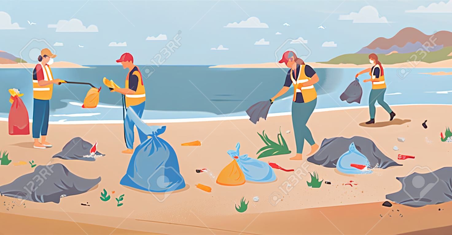 Volunteers cleaning beach, pickup garbage on river or lake shore. Vector group man woman collecting garbage together use rake. Team of active citizens pickup rubbish into bags. Environment protection