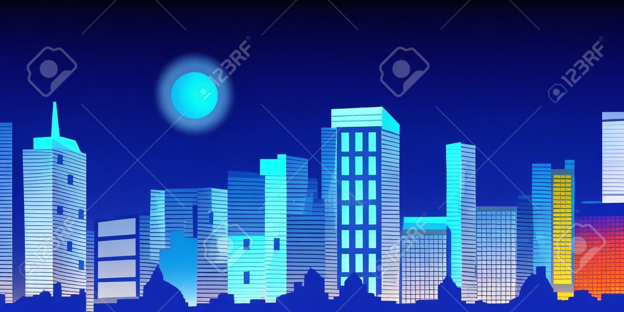 Panorama city in distance at night. Vector cityscape with skyscrapers and family houses, skyline illuminated downtown architecture. Urban town metropolis, towers, business offices, evening background