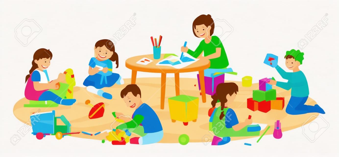 Kindergarten kids playing and studying, isolated children drawing and cuddling doll. Montessori system of education for preschoolers and toddlers. Development of skills. Flat cartoon character vector