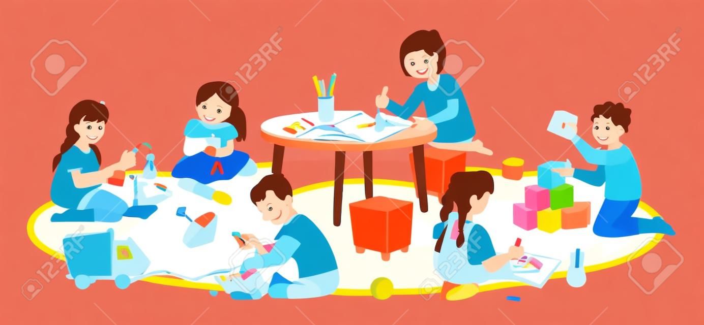 Kindergarten kids playing and studying, isolated children drawing and cuddling doll. Montessori system of education for preschoolers and toddlers. Development of skills. Flat cartoon character vector