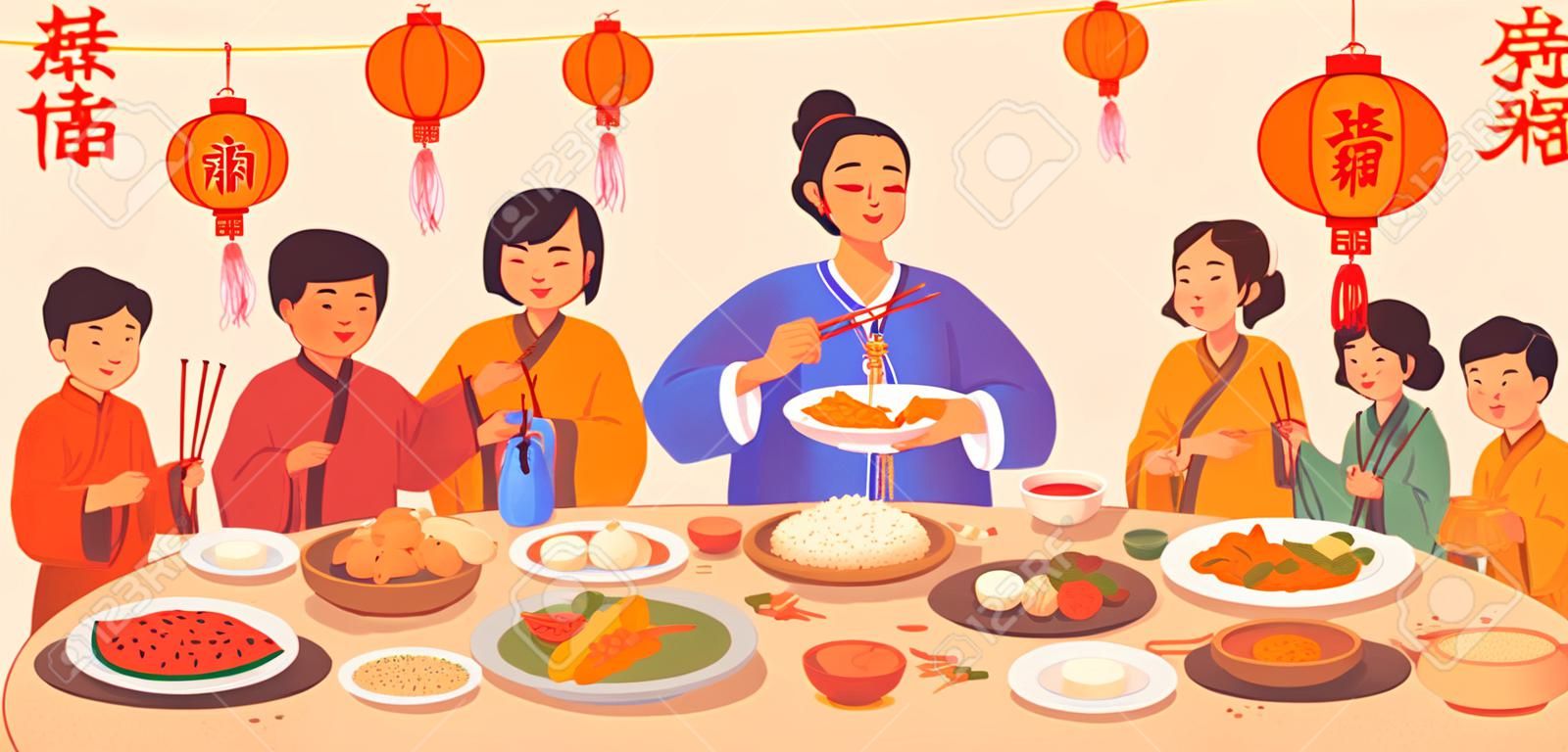 Traduction de texte du Nouvel An chinois, dîner de gala avec de la nourriture sur des assiettes et des mains de personnes tenant des baguettes, décoration de lanternes rouges. Plats de cuisine traditionnelle chinoise, poisson et riz, boulettes, légumes