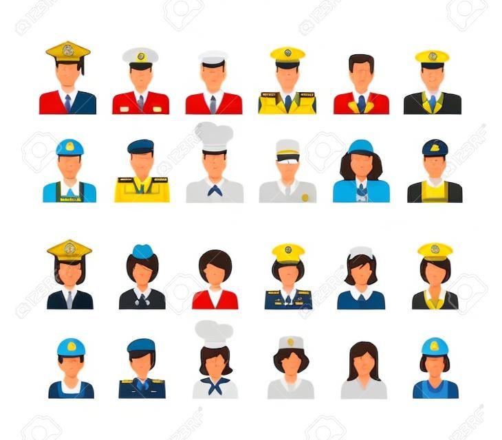 人労働者の顔を持つフラット スタイルの制服アイコンのセットです。ベクトルの男性と女性の文字。テンプレートの概念集 web プロフィールのアバターです。警官消防士タクシー ドライバー スチュワーデス兵士等