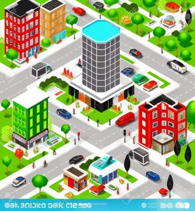 City block streets transport inhabitants concept. Modern trendy flat 3d isometric infographic. Street buildings cars vans ice cream cafe restaurant business centre park. Creative people collection.