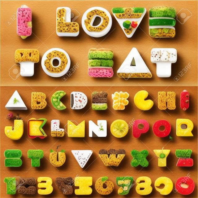 세련된 맛있는 음식 재미 문자와 숫자 라틴어 글꼴입니다. Z까지 스낵은 알파벳 컬렉션을 조판. 현대적인 스타일 타이포그래피 요소 모두가 먹고 싶습니다.