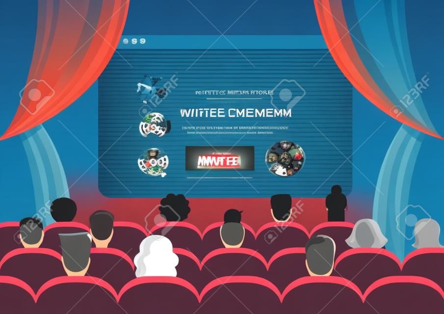 Online bioscoop kijken film theater leeg scherm template mockup concept platte web infographic vector. Groep mensen zitten voor lege browser venster interface. Creatieve mensen verzamelen.
