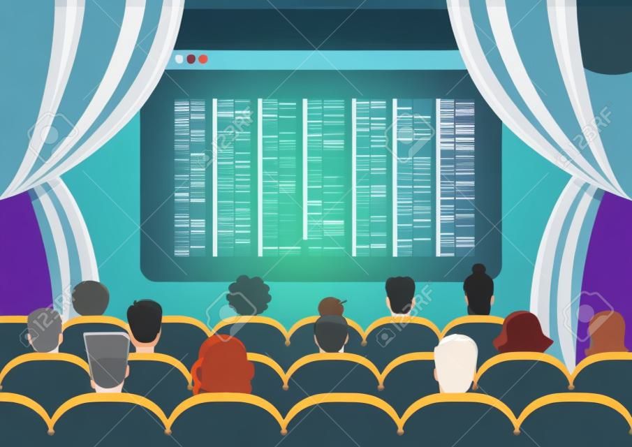 Online-Kino Uhr Kino leere Bildschirmmaske Mockup Konzept Flachbahn Infografik Vektor. Gruppe Leute sitzen vor dem leeren Browser-Fenster-Interface. Kreative Menschen Kollektion.