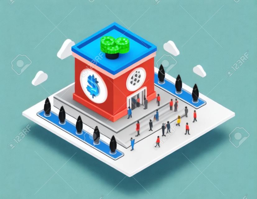 银行金融货币平面3D Web等距图表金融货币概念向量人立方银行大楼贷款信用和金融服务创新的人收藏
