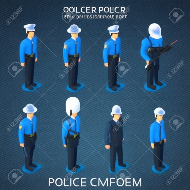 警察指揮官巡邏特警穿制服的人平整等軸測3D遊戲頭像用戶配置文件圖標矢量插圖集。創意人收藏。建立你自己的世界。