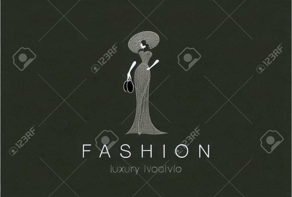 時尚奢侈品魅力優雅的女人剪影標誌設計矢量模板。夫人負空間飾品配件打印商標概念圖標。