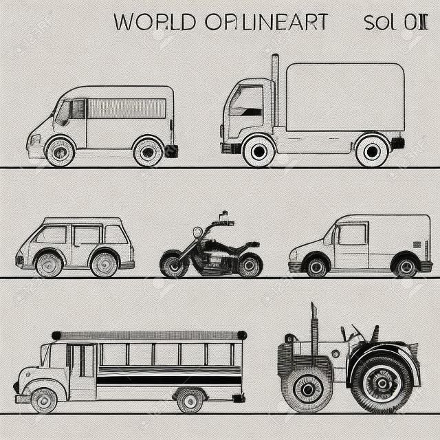 havadan yol moto traktör okul otobüsü grafik Lineart hipster setini taşımak. Hat sanatı koleksiyonu.