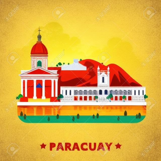 Paraguay country flat cartoon style historic sight web vector illustration. World vacation travel South America collection. National Pantheon Heroes La Santisima Trinidad De Parana Palacio De Lopez