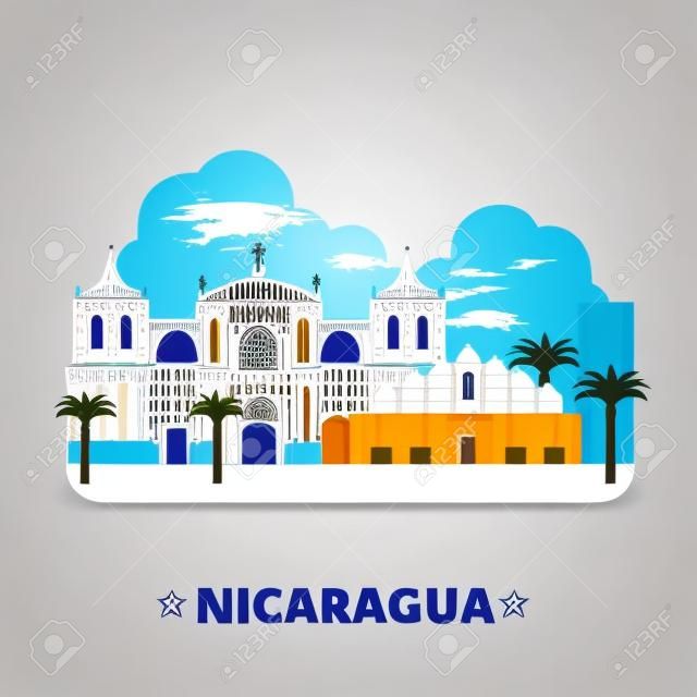 Nikaragua ülke tasarım şablonu. Düz karikatür tarzı tarihi bir manzara showplace web sitesi vektör çizim. Dünya tatil seyahat gezi Kuzey Amerika koleksiyonu. Leon Katedrali Yeni Katedrali.