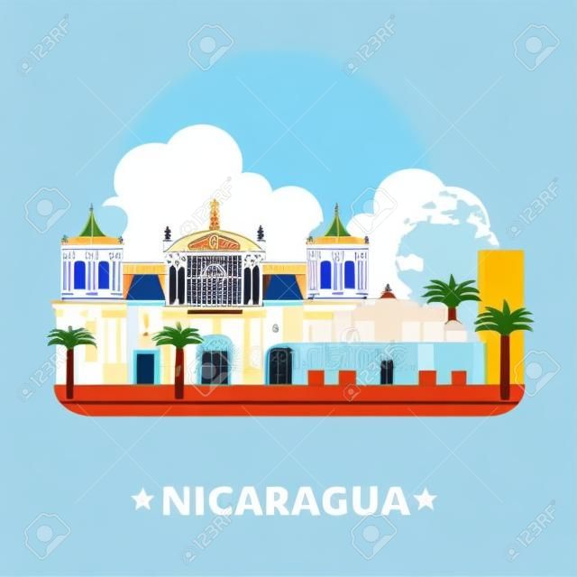 Nikaragua ülke tasarım şablonu. Düz karikatür tarzı tarihi bir manzara showplace web sitesi vektör çizim. Dünya tatil seyahat gezi Kuzey Amerika koleksiyonu. Leon Katedrali Yeni Katedrali.