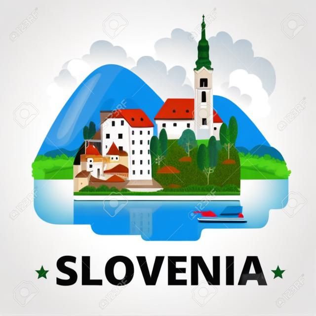 斯洛文尼亚国家冰箱磁铁设计模板。平面卡通风格历史景象景点网站矢量图。世界度假旅行观光欧洲欧洲收藏。布莱德湖。