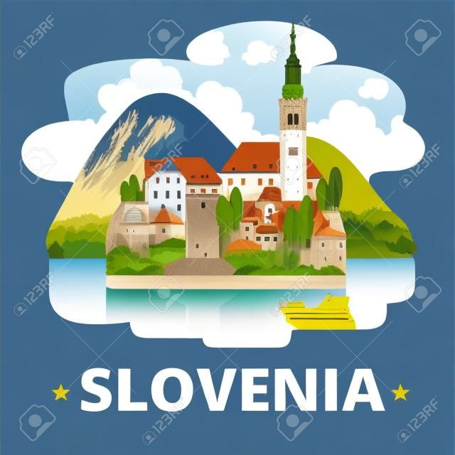 Slovenia country  fridge magnet design template. Flat cartoon style historic sight showplace web site vector illustration. World vacation travel sightseeing Europe European collection. Lake Bled.