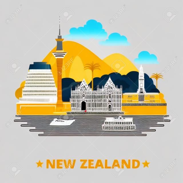 New Zealand country flat cartoon style historic place web vector illustration. World travel sight Australia collection. Parliamentary Library Sky Tower Wellington Cenotaph Beehive Parliament Building.