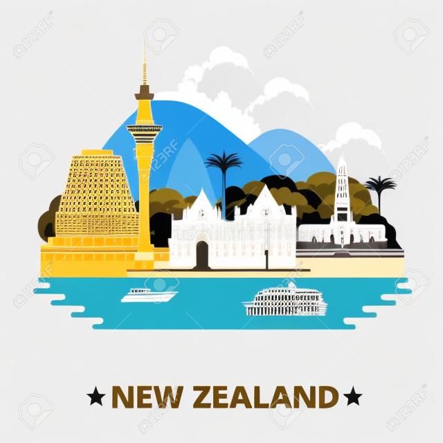 Новая Зеландия страна плоский стиль мультфильма историческое место веб векторные иллюстрации. Всемирная туристическая достопримечательность Австралии коллекция. Парламентская библиотека Sky Tower Wellington Cenotaph Улей Здание парламента.