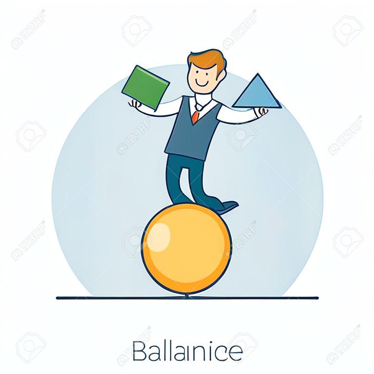 Uomo d'affari piano lineare Equilibrio sulla palla con figure geometriche (triangolo e cubo) illustrazione vettoriale. Concetto di Business Trick.