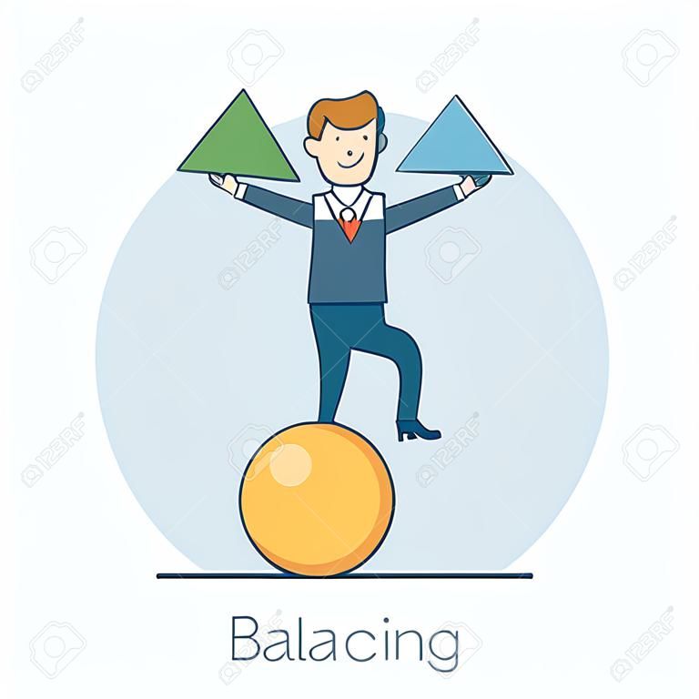 El hombre de negocios lineal plana Equilibrio en bola con figuras geométricas (triángulo) y cúbicas ilustración vectorial. Trick concepto de negocio.