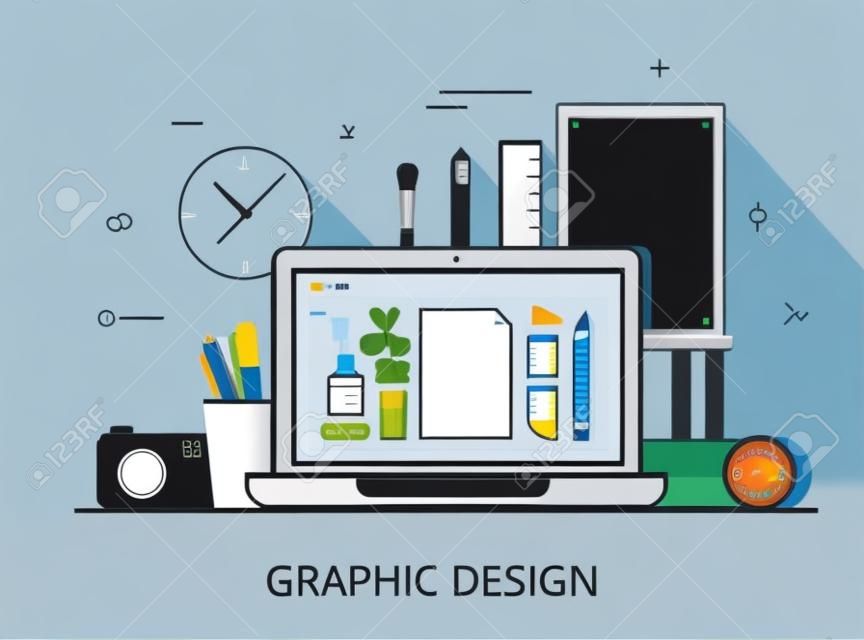 Linear Flat grafische ontwerp website held beeld vector illustratie. Digitale kunst tools en technologie concept. Laptop, digitizer, liniaal, camera, grafische bewerking software interface.
