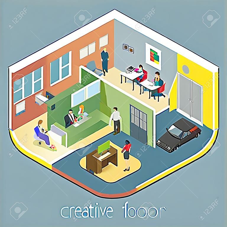 Płaskie izometryczne kreatywnych wnętrz biurowych biura, działów firmy z ilustracji wektorowych pracowników. 3d izometria architektury, koncepcja pracy zespołowej. Reżyser, projektant, manager, klient, recepcja.
