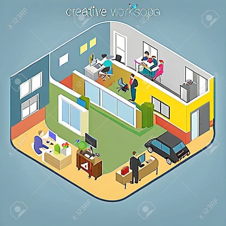 Płaskie izometryczne kreatywnych wnętrz biurowych biura, działów firmy z ilustracji wektorowych pracowników. 3d izometria architektury, koncepcja pracy zespołowej. Reżyser, projektant, manager, klient, recepcja.