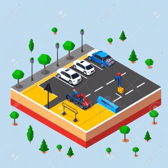 Travailleurs isométriques plats en asphalte, voitures garées dans l'illustration vectorielle du stationnement. Travaux techniques d'isométrie 3D, concept de service de ville.