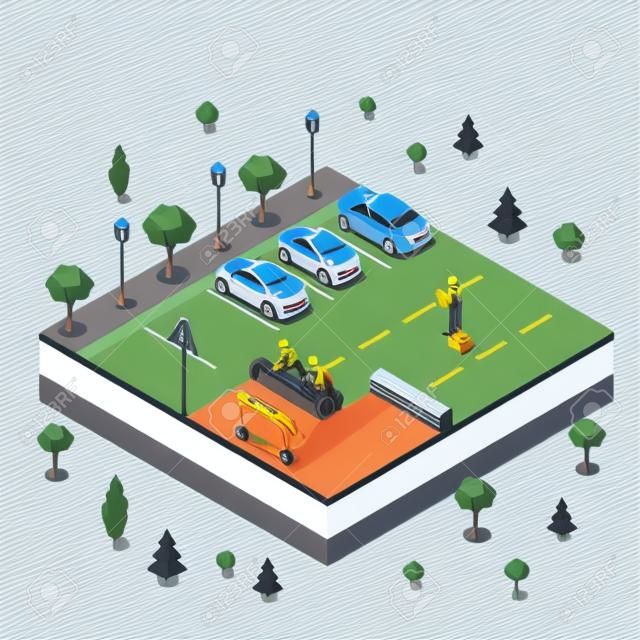 Flat isometric male workers laying asphalt, cars parked in the parking lot vector illustration. 3d isometry technical works, city service concept.